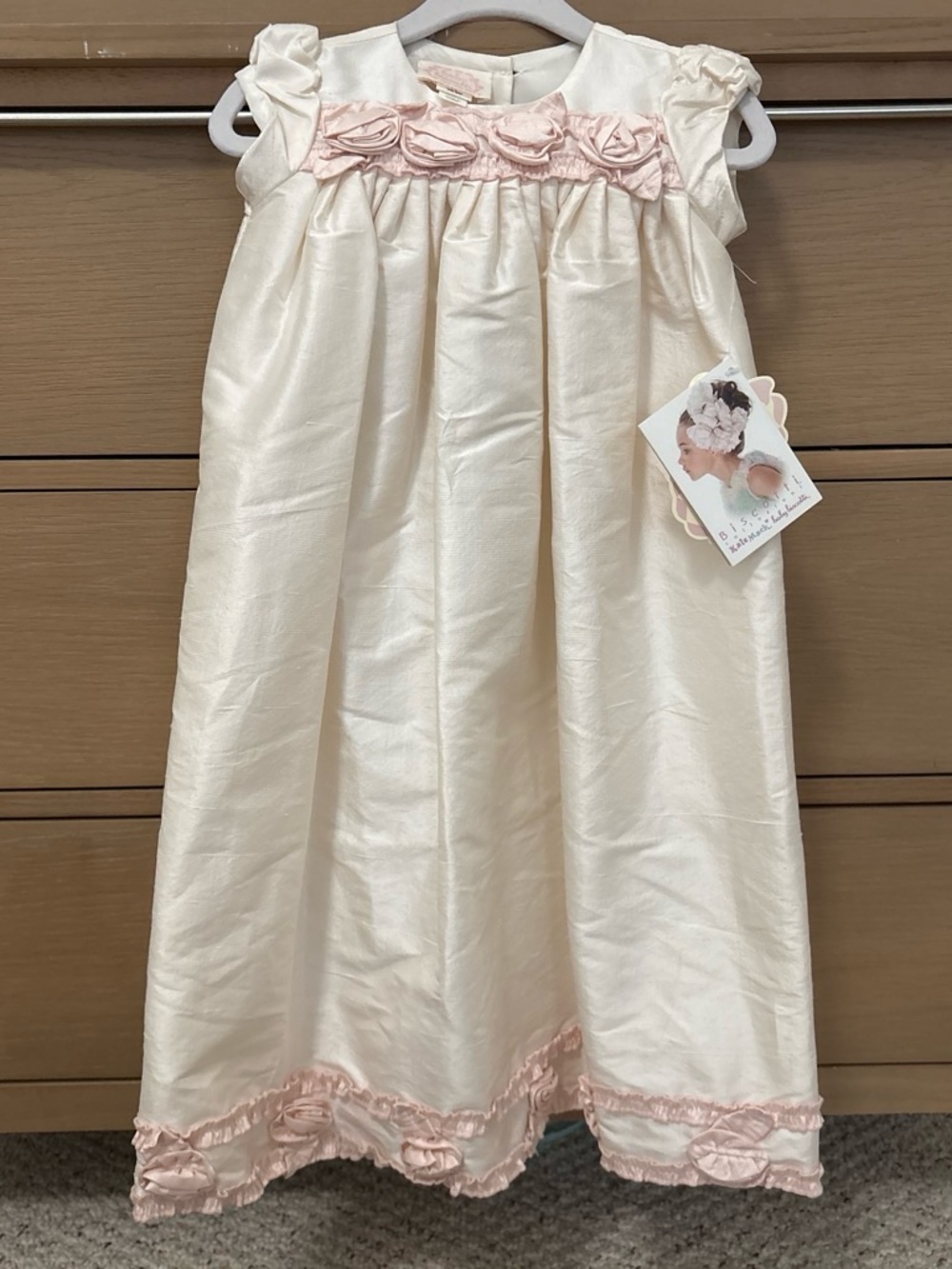 Baby biscotti heirloom christening Ivory Satin Dress with Pink Rosette Trim